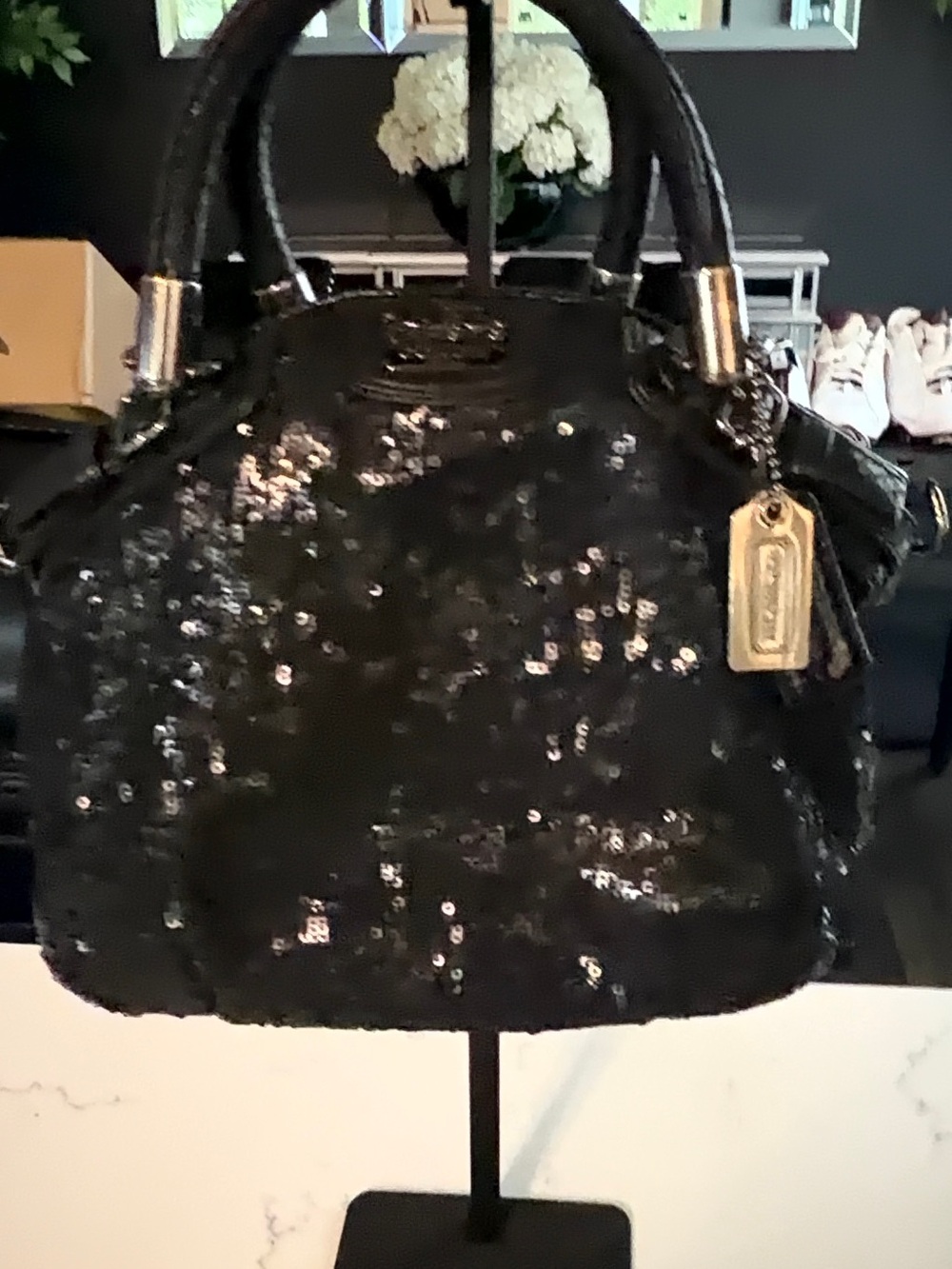 Coach Madison Sophia Black Sequin Satchel with Gold Tag